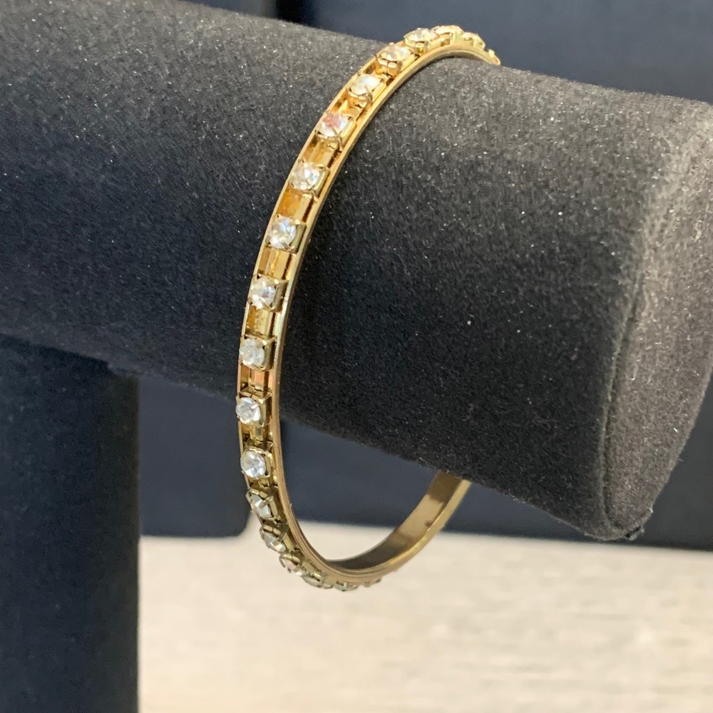 Vintage Gold Tone Rhinestone Bangle Bracelet Clear Crystal Channel Set 8.5 In